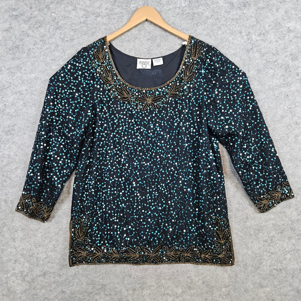 Cervelle Beaded Sequin Top Pure Silk Black Blue Gold Party Holiday Size L Blingy